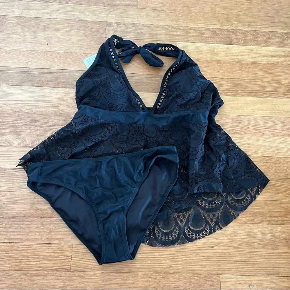 NWT Halter Neck Ruffle Hem Lace Panel Cute Tankini Set | Beachsissi - Picture 5 of 15